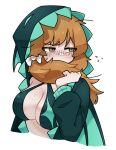  1girl alternate_costume blush body_freckles bow breast_freckles breasts commentary dream-devouring_siltcurrent e.g.o_(project_moon) embarrassed english_commentary freckles green_eyes hair_bow ishmael_(project_moon) limbus_company looking_to_the_side medium_breasts orange_hair project_moon skkazu1 solo white_bow 