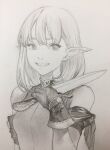  1girl armband bare_shoulders breasts collared_shirt commentary dagger elf english_commentary eyelashes fingerless_gloves glove_belt gloves graphite_(medium) hand_up highres holding holding_dagger holding_knife holding_weapon jun_(navigavi) knife long_pointy_ears looking_at_viewer medium_hair monochrome nose open_mouth original over_shoulder paper_background photo_(medium) pointy_ears shirt sketch sleeveless sleeveless_shirt small_breasts smile solo teeth traditional_media upper_body weapon weapon_over_shoulder 