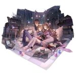  1boy 2girls ahoge animal_ears animal_print anklet anmi arknights asymmetrical_footwear black_shirt blush book bookshelf border bow bow_legwear breasts brown_hair brown_sweater brown_thighhighs candle chair checkered_floor closed_mouth collared_shirt eyjafjalla_(arknights) eyjafjalla_the_hvit_aska_(arknights) eyjafjalla_the_hvit_aska_(one_more_story)_(arknights) family flower frilled_shirt frills full_body game_asset goat_boy goat_ears goat_girl goat_horns hair_between_eyes hair_bow hairband high-waist_skirt highres holding holding_book horns indoors infection_monitor_(arknights) instrument jewelry katia_naumann_(arknights) kneehighs lace-trimmed_skirt lace_trim large_breasts light_smile long_hair looking_at_another magna_naumann_(arknights) miniature mismatched_footwear multiple_girls necklace necktie non-web_source official_alternate_costume official_art open_mouth pants piano piano_bench pink_bow pink_carpet pink_eyes pink_flower pink_shawl pink_skirt pink_slippers pink_socks plaid_clothes plaid_skirt pleated_skirt purple_bow purple_hairband purple_pants purple_shirt purple_shorts purple_skirt purple_slippers ribbed_socks semi-rimless_eyewear shawl shirt shorts shorts_under_skirt sitting skirt slippers smile socks star_(symbol) sweater table tachi-e thighhighs transparent_background two-tone_bow volcano white_necktie white_slippers window wooden_chair wooden_ladder wooden_table yellow_sweater 