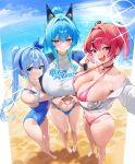  3girls absurdres aegis_(nikke) anchor_(nikke) animal_ears barefoot beach bikini blue_bikini blue_eyes blue_hair blue_one-piece_swimsuit blush breasts cat_ears commentary_request day fake_horns fang feet four-finger_heart_hands goddess_of_victory:_nikke heart heart_hands helm_(aqua_marine)_(nikke) helm_(nikke) highres horns huge_breasts large_breasts long_hair mast_(a_pirate's_heart)_(nikke) mast_(nikke) midriff multiple_girls murabana44 navel ocean one-piece_swimsuit open_mouth outdoors pink_bikini pink_eyes pink_hair shirt short_hair skin_fang small_breasts smile summer_uniform swimsuit toes twintails two-tone_shirt very_long_hair white_shirt 