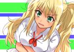  1girl arms_under_breasts blonde_hair blush bow bowtie breasts collared_shirt commentary_request dark-skinned_female dark_skin dress_shirt dumbbell_nan_kilo_moteru? dutch_angle fang green_eyes hair_between_eyes large_breasts long_hair looking_at_viewer open_mouth poppu red_bow red_bowtie sakura_hibiki shirt short_sleeves sidelocks simple_background solo sweatdrop tan twintails upper_body v-shaped_eyebrows very_long_hair wavy_mouth white_shirt 