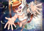  1girl :d amano_nene_(digimon_xros_wars) angel_wings armpits arms_up asymmetrical_eyes bare_shoulders barefoot breasts brown_hair cleavage collarbone commentary digimoji digimon digimon_(creature) digimon_xros_wars english_commentary falling_feathers feathered_wings feathers foreshortening full_body fur_bikini glowing glowing_halo groin hair_between_eyes half_mask halo heart heart-shaped_pupils high_ponytail light_persona long_hair looking_at_viewer luminamon_(nene_ver.) mask medium_breasts midriff mixed-language_commentary navel open_mouth osatenart ponytail purple_eyes reaching reaching_towards_viewer sidelocks single_wing smile solo split_ponytail strapless symbol-shaped_pupils teeth tube_top very_long_hair white_feathers white_tube_top wings 