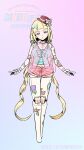  1girl :o absurdres blue_eyes blunt_bangs commentary_request green_shirt hat highres long_hair low_twintails machina_(mahou_shoujo_ni_akogarete) mahou_shoujo_ni_akogarete mechanical_arms mechanical_legs micro_shorts no_humans no_shoes official_art ononaka_akihiro pink_shorts red_hat see-through_clothes see-through_shirt shirt shorts sleeveless sticker twintails very_long_hair 