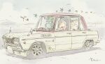 3girls =_= beanie black_eyes black_hair black_hat car closed_mouth commentary_request day driving glasses hat jitome kotesashi_yayoi mikoshiba_saya momose_riko motor_vehicle multiple_girls opaque_glasses open_mouth outdoors prince_skyline prince_skyline_gt red-framed_eyewear road round_eyewear sekihan short_hair signature simple_bird smile sound_effects white_car zesshaka!_shiritsu_yotsuwa_joshi_gakuin_zetsumetsu_kigu-sha_gakka 