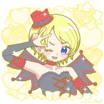  1girl :d ;d balloon black_dress black_wings blonde_hair blue_eyes blush_stickers border collarbone commentary_request cropped_torso dated detached_sleeves dress fake_wings hand_on_own_hip hat heart heart_balloon heart_in_eye highres jounouchi_serena looking_at_viewer one-hour_drawing_challenge one_eye_closed open_mouth pretty_rhythm pretty_rhythm_aurora_dream pretty_series red_hat short_hair smile solo sparkle strapless strapless_dress symbol_in_eye usaaya w_over_head white_border wings yellow_background 