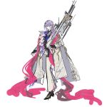  1boy alternate_costume arknights belt black_belt black_gloves black_shirt black_shoes blue_necktie cloak commentary_request diamond_hair_ornament feather_boa fingerless_gloves full_body gloves hair_between_eyes hair_ornament hair_over_shoulder highres jacket long_hair long_sleeves looking_at_viewer low_side_ponytail male_focus necktie pants partially_colored pink_scarf pointy_ears purple_eyes purple_hair scarf sevenveils shalem_(arknights) shirt shoes side_ponytail simple_background sketch smile solo standing stole suit thigh_strap weapon weapon_on_back white_background white_cloak white_jacket white_pants white_suit 
