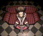  1girl brown_eyes brown_hair commentary_request couch indoors looking_at_viewer lowres on_couch original pixel_art rustle sitting skirt smile solo solo_focus thighhighs twintails 