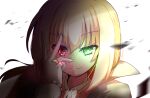  >:) 1girl black_cape blonde_hair cape chuunibyou closed_mouth commentary_request dracu-riot! eyes_visible_through_hair fang frilled_sleeves frills gloves glowing glowing_eye green_eyes hair_between_eyes hakutocake hand_up heterochromia jewelry long_hair long_sleeves multiple_rings nicola_cepheus portrait red_eyes ring sidelighting sidelocks simple_background smile solo split_mouth v v-shaped_eyebrows white_background white_gloves 