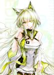  1girl animal_ear_fluff animal_ears arknights bare_shoulders breasts cat_ears cat_girl character_name cleavage commission cowboy_shot dress ediun eyes_visible_through_hair floating_hair green_dress green_eyes green_hair grey_hair hair_intakes hair_over_one_eye hand_in_own_hair hand_up highres kal'tsit_(arknights) kal'tsit_esperanta_(arknights) long_hair looking_at_viewer medium_breasts mihuashi_commission solo standing star_of_life white_dress 