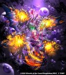  1girl 2026 animal_ear_headwear boots braid commentary_request copyright_notice cotton_izanai's_prophecy duel_masters duel_masters_play's frilled_skirt frills gamazou hat holding holding_staff long_hair low_twin_braids monster multicolored_thighhighs official_art open_mouth orange_eyes pink_hair pink_shirt pink_skirt pink_thighhighs shirt skirt staff striped_clothes striped_thighhighs thighhighs twin_braids vertical-striped_clothes vertical-striped_thighhighs white_hat white_thighhighs 