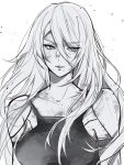  1girl a2_(nier:automata) android arm_strap artist_name bare_shoulders breasts camisole collarbone double-parted_bangs english_commentary greyscale hair_between_eyes highres hora_k joints large_breasts long_hair mole mole_under_mouth monochrome multiple_arm_straps nier:automata nier_(series) parted_lips robot_joints sidelocks sideways_glance simple_background skin_seams sleeveless solo tsurime upper_body v-shaped_eyebrows watermark white_background 