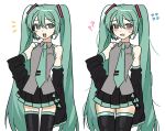 1girl ? ?? aqua_eyes aqua_hair aqua_trim black_skirt black_sleeves black_thighhighs blush_stickers collared_shirt commentary_request cowboy_shot d2nto detached_sleeves dot_nose flying_sweatdrops grey_shirt hair_between_eyes hair_ornament hand_on_own_hip hatsune_miku headset highres long_hair looking_at_viewer multiple_views number_tattoo open_mouth pleated_skirt shirt shoulder_tattoo simple_background single_blush_sticker skirt sleeveless sleeveless_shirt sleeves_past_fingers sleeves_past_wrists sweatdrop tattoo teeth thighhighs tie_clip twintails upper_teeth_only very_long_hair vocaloid white_background wide_sleeves wing_collar zettai_ryouiki 