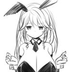  animal_ears breasts cleavage detached_collar greyscale huge_breasts lineart long_hair looking_at_viewer monochrome simple_background sketch solo upper_body white_background zaxwu 