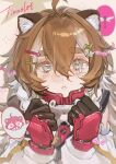  1girl :< absurdres ahoge animal_ear_fluff animal_ears arknights black_gloves braid brown_hair bug character_name chinese_commentary clenched_hands commentary_request dragonfly freckles gloves grey_eyes hair_between_eyes hair_ornament hairclip hands_up highres long_hair looking_at_viewer multicolored_gloves multicolored_hair munan_you_shuangmu raccoon raccoon_ears raccoon_girl solo spoken_animal tearing_up thick_eyebrows timeslot_(arknights) twin_braids two-tone_gloves upper_body x_hair_ornament 