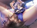  1girl aozora_stripe blue_eyes blue_panties long_hair open_mouth panties piromizu purple_hair thighhighs tsuruno_satsuki underwear white_legwear 