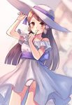  adjusting_clothes adjusting_hat brown_eyes brown_hair dress finger_to_mouth hair_ribbon hat hat_ribbon lady_(pokemon) long_hair moe_(hamhamham) panties pantyshot pokemon pokemon_(game) pokemon_bw pokemon_bw2 ribbon sash smile solo underwear white_dress 