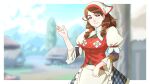  1girl apron bandana blue_eyes border breasts brown_hair clothing_request commentary_request hair_over_shoulder hair_tubes hand_up highres light_smile long_hair looking_at_viewer medium_breasts minegarde_guild_receptionist monster_hunter_(series) outside_border puffy_sleeves solo split_mouth upper_body user_ukaf4725 waist_apron white_apron white_bandana white_border 
