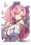  1girl 943169042qqcom1 ;) breasts bridal_gauntlets cleavage commentary_request cosplay dress green_eyes large_breasts long_hair mole mole_under_mouth nicole_demara one_eye_closed pink_hair remielle_dan remielle_dan_(cosplay) simple_background smile solo twintails very_long_hair white_background white_dress zenless_zone_zero 