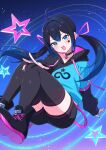  1girl :d ahoge black_boots black_choker black_hair black_hoodie black_shorts black_thighhighs blue_eyes blue_hair blue_hoodie blue_nails blush boots choker collarbone commentary_request commission double-parted_bangs drawstring facial_mark foot_out_of_frame gradient_hair gradient_sky hair_between_eyes hair_intakes highres hood hood_down hoodie indie_virtual_youtuber kamuraaa_615 long_hair long_sleeves mugen_mochi multicolored_hair nail_polish open_mouth pixiv_commission shorts sidelocks sky smile solo star_(sky) star_(symbol) star_facial_mark starry_sky_background teeth thighhighs twintails two-tone_hair two-tone_hoodie upper_teeth_only virtual_youtuber 