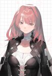  1girl arknights black_jacket commentary cross-laced_clothes detached_wings grey_halo grid_background halo highres jacket kei_(a_key_kuuuun) lemuen_(arknights) long_hair long_sleeves looking_at_viewer open_clothes open_jacket pink_eyes pink_hair shirt solo traditional_halo unzipped upper_body white_background white_shirt wings zipper 