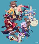  4girls :d absurdres ahoge animal_collar animal_ears asymmetrical_pants baggy_pants belt bicorne black_coat black_collar black_gloves black_hat black_hoodie black_leotard black_pantyhose blue_background blue_hair bone_hair_ornament boots braid breasts brown_belt brown_boots brown_eyes brown_hair brown_thighhighs cat_ears cat_girl cat_tail closed_mouth coat coat_dress coat_partially_removed collar colored_shoe_soles commentary_request copyright_notice cropped_hoodie cropped_jacket crossed_bangs detached_sleeves dog_ears dog_girl dog_tail double-parted_bangs drawstring dress eyepatch fold-over_boots frilled_thigh_strap full_body fur-trimmed_coat fur-trimmed_gloves fur_scarf fur_trim gloves hair_between_eyes hair_ornament hair_ribbon hairclip hat high_heel_boots high_heels highres holding_another's_leg hololive hood hoodie houshou_marine houshou_marine_(1st_costume) inugami_korone inugami_korone_(1st_costume) jacket kisumi_rei knees_together_feet_apart large_breasts leotard leotard_under_clothes long_hair long_sleeves looking_at_viewer loose_socks low_twin_braids mary_janes midriff miniskirt multiple_girls nekomata_okayu nekomata_okayu_(1st_costume) official_art open_mouth orange_eyes pants pantyhose pirate_hat pleated_skirt puffy_detached_sleeves puffy_short_sleeves puffy_sleeves purple_eyes purple_hair rabbit_ears rabbit_girl red_collar red_eyes red_hair red_jacket red_ribbon red_skirt red_socks ribbon scarf shoes short_dress short_eyebrows short_hair short_sleeves simple_background single_sleeve_past_fingers skirt sleeveless sleeveless_dress sleeveless_jacket smile sneakers socks sweatpants tail thick_eyebrows thigh_strap thighhighs twin_braids twintails usada_pekora usada_pekora_(1st_costume) virtual_youtuber white_coat white_dress white_gloves white_hair white_pants white_scarf white_shoes white_sleeves yellow_jacket yellow_shoes 