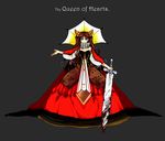  alice_in_wonderland blood bloody_weapon cosplay crimo dress fate/stay_night fate_(series) gown horns long_hair queen_of_hearts queen_of_hearts_(cosplay) red_dress solo supportasse sword toosaka_rin two_side_up weapon 