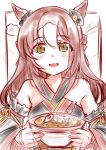  1girl animal_ears bare_shoulders blush bowl breasts brown_hair char_siu commentary_request detached_sleeves fine_motion_(menka_kousaiden:_kiwami)_(umamusume) fine_motion_(umamusume) food green_eyes hair_between_eyes hair_ornament highres holding holding_bowl horse_ears horse_girl japanese_clothes looking_at_viewer multicolored_hair namatyoco noodles official_alternate_costume open_mouth ramen smile softboiled_egg solo umamusume upper_body white_hair 