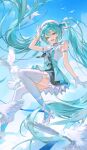  1girl absurdres bird blue_dress blue_eyes blue_hair blue_sky blue_theme blue_thighhighs commentary day dove dress frilled_dress frills gloves gradient_thighhighs hat hatsune_miku high_heels highres long_hair looking_at_viewer misa_(misonyeo_s2) multicolored_dress multicolored_thighhighs open_mouth shoes sky sleeveless sleeveless_dress solo thighhighs twintails two-tone_thighhighs untranslatable_commentary very_long_hair vocaloid white_dress white_gloves white_hat white_shoes white_thighhighs 