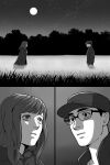  1boy 1girl absurdres andrei_kuevas_(truck_and_traveler) bags_under_eyes commission commissioner_upload field forest full_moon gb_(doubleleaf) glasses grass hat highres jacket monika_volkova_(truck_and_traveler) moon nature night non-web_source official_art sky star_(sky) starry_sky tree truck_and_traveler 