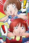  2girls black_jack_(series) bloodink bow brown_eyes brown_hair crossover hair_bow hands_on_own_cheeks hands_on_own_face kill_la_kill mankanshoku_mako multiple_girls pink_bow pinoko puffy_cheeks short_hair spoken_exclamation_mark surprised watch wristwatch 