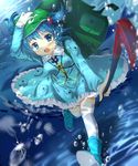  backpack bad_id bad_pixiv_id bag blue_eyes blue_hair boots bubble cnm crowbar fang fish hair_bobbles hair_ornament hand_on_headwear hat jellyfish kawashiro_nitori long_sleeves looking_at_viewer open_mouth shirt skirt skirt_set smile solo thighhighs touhou two_side_up underwater white_legwear zettai_ryouiki 