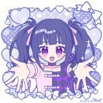  1girl :d balloon blush_stickers border collarbone commentary_request cropped_torso dated detached_sleeves dress fake_wings hair_ribbon heart heart_balloon heart_in_eye hugging_viewer kurisu_kaname looking_at_viewer multicolored_dress one-hour_drawing_challenge open_mouth pink_ribbon pretty_rhythm pretty_rhythm_aurora_dream pretty_series purple_background purple_eyes purple_hair reaching reaching_towards_viewer ribbon short_sleeves smile solo sparkle straight-on symbol_in_eye twintails usaaya white_border wings 