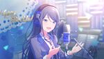  1girl :d black_hair black_trim blazer blue_theme blue_trim blurry blurry_background collared_shirt colorful_palette depth_of_field dot_nose english_text game_asset grey_eyes grey_jacket hands_up happy happy_birthday headphones highres hoshino_ichika_(project_sekai) indoors jacket lapels light_particles long_hair long_sleeves looking_ahead microphone musical_staff necktie notched_lapels official_art open_clothes open_jacket open_mouth project_sekai school_uniform shirt sidelighting smile solo standing star_(symbol) studio_microphone swept_bangs third-party_source upper_body wavy_hair white_shirt wing_collar 
