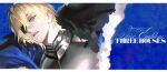  1boy armor bags_under_eyes black_armor black_fur blonde_hair blue_background blue_eyes breastplate cape commentary copyright_name cropped_torso dimitri_alexandre_blaiddyd dimitri_alexandre_blaiddyd_(timeskip) english_commentary eyepatch fire_emblem fire_emblem:_three_houses fur-trimmed_cape fur_trim hair_behind_ear half-closed_eyes highres letterboxed male_focus marbunniie medium_hair one_eye_covered parted_lips solo 