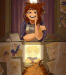  1girl apron bags_under_eyes blonde_hair blue_sailor_collar blue_shirt blunt_bangs boku_no_hero_academia brown_eyes brown_hair cardigan closed_mouth crazy crazy_eyes crazy_grin crazy_smile curtains door double_bun drawing_(object) english_text grin hair_bun hand_on_own_arm hand_on_own_face highres holding_with_hair indoors lia_(miauiz) looking_at_object medium_hair messy_hair messy_room narrowed_eyes neckerchief newspaper paint_palette paint_splatter paintbrush pencil photo_(object) red_neckerchief sailor_collar school_uniform serafuku shadow sharp_teeth shirt sidelocks smile stained_clothes sticky_note tape teeth thick_eyebrows toga_himiko uraraka_ochaco white_apron yellow_cardigan 