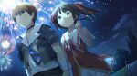  1boy 1girl aerial_fireworks ahoge black_hair blue_jacket blush brown_hair closed_mouth cowboy_shot dutch_angle evenicle evenicle_(series) faceless faceless_male fang fireworks flat_chest game_asset gurigura_(evenicle) hair_ribbon half-closed_eyes jacket long_hair looking_up night non-web_source official_art open_clothes open_jacket pants pink_ribbon pleated_skirt red_ribbon ribbon sailor_collar self-datamine shirt short_hair sidelocks skirt sleeveless sleeveless_shirt smile standing tail twintails variant_set visual_novel_cg white_shirt white_skirt yaegashi_nan yellow_eyes 