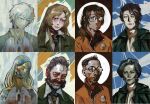  2boys 2girls blonde_hair brown_hair collared_shirt disco_elysium dolores_dei glasses green_necktie green_suit gregor_(project_moon) halo harry_du_bois hermann_(project_moon) highres jacket joyce_messier kim_kitsuragi limbus_company long_hair looking_at_viewer luan_(luans51129268) multiple_boys multiple_girls necktie orange_jacket parody portrait project_moon red_eyes rodion_(project_moon) shirt short_hair smile sonya_(project_moon) style_parody suit upper_body white_hair white_halo white_shirt yellow_eyes 