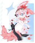  :3 absurdres animal_feet animal_focus artist_name beret black_bow black_ribbon blue_background blue_eyes blush bow bowtie braid bright_pupils brown_hat clothed_pokemon commentary frills full_body gem hair_bow hair_ornament hair_ribbon hairclip hands_up happy hat heart highres light_blush looking_to_the_side mew_mew_chikorita_moon motion_blur no_humans open_mouth original pawpads pink_bow pink_hair pokemon pokemon_(creature) rabbit_hair_ornament red_ribbon ribbon signature simple_background smile solo sylveon tail tail_ornament two-tone_background white_background white_pupils white_ribbon x_hair_ornament 