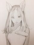  1girl animal_ears breasts commentary_request fang fang_out graphite_(medium) hand_on_own_chest hand_up highres jun_(navigavi) light_smile long_hair looking_at_viewer medium_breasts monochrome nose original paper_background parted_lips photo_(medium) sketch solo sweater traditional_media turtleneck turtleneck_sweater upper_body 