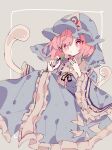  1girl black_bow black_bowtie black_nails blue_bow blue_dress blue_hat blush bow bowtie breasts closed_mouth collar collared_dress commentary_request dango dress eating eyes_visible_through_hair floral_print flower food frills ghost grey_background hair_between_eyes hands_up hat highres japanese_clothes kimono long_sleeves looking_at_viewer medium_breasts mob_cap pink_eyes pink_hair roamu_65 saigyouji_yuyuko short_hair simple_background sitting solo touhou triangular_headpiece wagashi white_flower wide_sleeves 