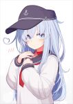  1girl alt_text anchor_symbol black_hat black_sailor_collar blue_eyes blue_hair blush collar commentary_request crossed_bangs double-parted_bangs embarrassed flat_cap from_side hair_between_eyes hat hat_pin heart-shaped_lock heart_lock_(kantai_collection) hibiki_(kancolle) highres kantai_collection lock long_hair long_sidelocks long_sleeves looking_at_viewer neckerchief padlock padlocked_collar red_collar red_neckerchief reitou_mikan sailor_collar sailor_shirt school_uniform serafuku shirt sidelocks simple_background sleeves_past_wrists solo turning_head twitter_username upper_body watermark white_background white_shirt 
