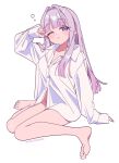  1girl barefoot blunt_bangs blush bottomless breasts closed_mouth collarbone collared_shirt dress_shirt feet full_body hair_intakes highres legs long_hair long_sleeves looking_at_viewer mole mole_under_eye naked_shirt one_eye_closed original oversized_clothes oversized_shirt partially_unbuttoned pink_hair purple_eyes rubbing_eyes shirt simple_background sitting sleepy sleeves_past_wrists soh_himitsuki solo squeans toes twitter_username waking_up wariza white_background white_shirt 
