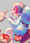  1girl absurdres artist_name belt belt_buckle black_belt buckle checkered_clothes checkered_shirt closed_mouth commentary_request drum grey_background highres horikawa_raiko instrument jacket mituba_ooka pink_eyes pink_hair shirt sitting skirt solo taiko_drum taiko_sticks tomoe_(symbol) touhou twitter_username white_jacket white_skirt wide_sleeves 