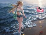  2girls absurdres aqua_bikini bare_shoulders bikini bikini_bottom_under_shorts bikini_under_clothes blonde_hair bottle breasts chibi chisa_(peach_parfait)_(wuthering_waves) chisa_(wuthering_waves) commentary crab denim denim_shorts flamingo_innertube gradient_hair hair_ornament highres holding holding_bottle innertube jewelry large_breasts long_hair looking_to_the_side lynae_(peppermint)_(wuthering_waves) lynae_(wuthering_waves) multicolored_hair multiple_girls navel necklace nibkuna ocean open_fly purple_eyes see-through_clothes see-through_shirt shirt shore shorts stomach swim_ring swimsuit thigh_strap turning_head wind wuthering_waves 