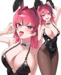  1girl absurdres animal_ears arm_up bare_shoulders black_bow black_bowtie black_leotard blush bow bowtie breasts brown_pantyhose cleavage collar collarbone commentary covered_navel earrings fangs goddess_of_victory:_nikke groin hair_intakes heart heart_in_eye highres huge_breasts jewelry leotard long_hair looking_at_viewer mast_(nikke) multicolored_hair open_mouth pantyhose pink_eyes pink_hair rabbit_ears saliva saliva_trail seongjong7966 simple_background skin_fangs smile solo_focus streaked_hair stud_earrings symbol_in_eye thighs tongue tongue_out white_background white_collar 