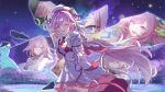 1girl :o ;o absurdres ai_yuan_xie_guang beret breasts chinese_commentary commentary_request diamond-shaped_pupils diamond_(shape) dress elf elysia_(herrscher_of_human:_ego)_(honkai_impact) elysia_(hi_love_elf)_(honkai_impact) elysia_(honkai_impact) elysia_(miss_pink_elf)_(honkai_impact) elysia_(summer_miss_elf)_(honkai_impact) half-heart_hands hat highres honkai:_star_rail_eidolon_parody honkai_(series) honkai_impact_3rd long_hair looking_at_viewer medium_breasts multiple_views official_art_inset one_eye_closed pink_hair pointy_ears purple_eyes reaching reaching_towards_viewer sky smile solo star_(sky) starry_sky symbol-shaped_pupils thighs very_long_hair white_dress 