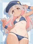  1girl absurdres arm_up armpits arms_up artist_name bare_arms bare_shoulders baseball_cap bikini black_bikini black_hat breasts brown_eyes colored_inner_hair commentary cowboy_shot dot_nose double-parted_bangs drop_shadow grey_hair groin hat highres light_blush long_hair looking_at_viewer melciort multicolored_hair navel one-piece_tan onii-chan_wa_oshimai! outline oyama_mahiro pink_hair small_breasts solo stomach string_bikini swimsuit tan tanlines thighs triangle_bikini_top twitter_username two-tone_hair white_outline wristband 