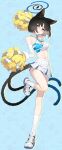  1girl absurdres animal_ears black_eyes black_hair blue_archive blue_halo breasts cat_ears cat_girl cat_tail cheerleader commentary_request cosplay elbow_gloves gloves gradient_tail halo hibiki_(blue_archive) hibiki_(blue_archive)_(cosplay) hibiki_(cheer_squad)_(blue_archive) highres kikyou_(blue_archive) midriff millennium_cheerleader_outfit_(blue_archive) miniskirt multiple_tails navel official_alternate_costume pizza_(pizzania_company) pleated_skirt pom_pom_(cheerleading) short_hair skirt small_breasts socks solo tail two_tails white_gloves white_skirt white_socks 