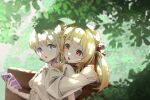  2girls absurdres bare_shoulders bench blonde_hair cellphone commentary detached_sleeves hair_ornament hair_ribbon highres holding holding_phone hololive hololive_dev_is hug hug_from_behind long_hair multiple_girls musical_note musical_note_hair_ornament nikoneko on_bench one_side_up open_mouth otonose_kanade otonose_kanade_(1st_costume) outdoors park_bench phone purple_eyes purple_hair red_eyes red_ribbon ribbon shirt short_hair short_sleeves sitting smartphone todoroki_hajime todoroki_hajime_(1st_costume) untranslatable_commentary virtual_youtuber white_shirt wooden_bench 