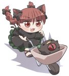  1girl :3 :d animal_ear_fluff animal_ears bird black_dress black_shoes blush braid cat_ears cat_girl cat_tail chibi chibi_only commentary_request dress frilled_dress frills full_body hair_between_eyes kaenbyou_rin long_hair multiple_tails open_mouth red_eyes red_hair reiuji_utsuho reiuji_utsuho_(bird) rokugou_daisuke running shoes short_sleeves signature simple_background smile tail touhou twin_braids two_tails v-shaped_eyebrows wheelbarrow white_background 